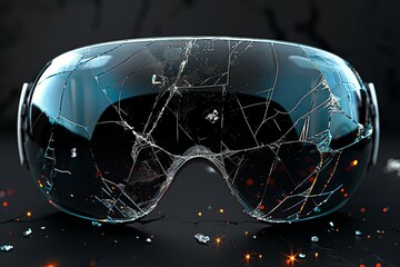 Broken virtual reality glasses with cracks. Background with selective focus and copy space - obrazy, fototapety, plakaty