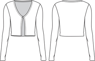 Women's Rib Crop, Open Front Cardigan. Technical fashion illustration. Front and back, white color. Women's CAD mock-up.