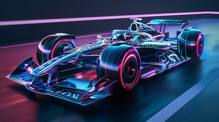 The image showcases a highly detailed and futuristic design of a Formula 1 car