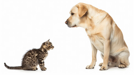 A cute Labrador Retreiver dog is curious about a kitten