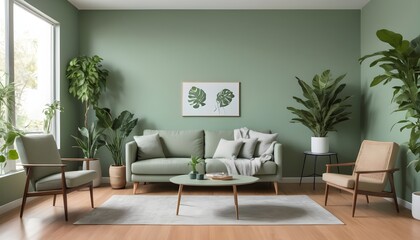 A monochromatic sage green wall adorns this pleasant modern living room. Modern home design featuring a table, chair, houseplants, and contemporary wall color. 
