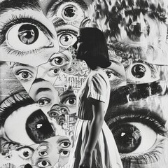 Obraz premium Collage Girl woman stands against the wall with big eyes. Black and white. Concept of fear, surprise, thoughts, reflection. Psychology.
