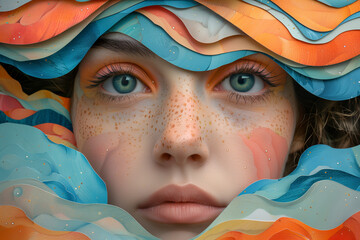 A woman with striking blue eyes and vibrant orange and blue hair, surrealism for mother's day