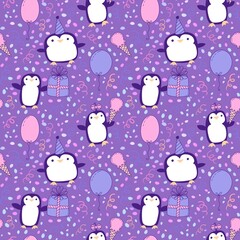 Birthday party animals seamless penguin pattern for wrapping paper and fabrics and kids print and summer print