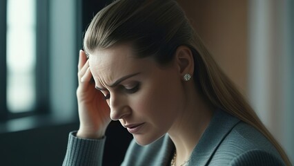 an exhausted and tired woman at work in the office, the topic of depression, stress, loneliness, emotional burnout from work,