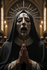 A Sinister Spiritual Scene: Eerie Masked Figure in a Dramatic Church Setting. - obrazy, fototapety, plakaty