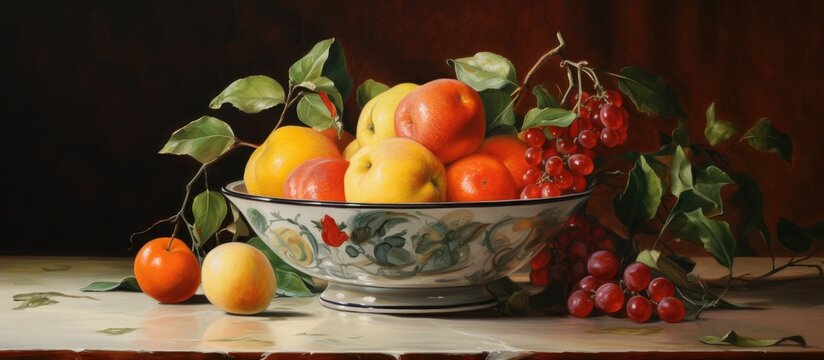 A still life painting depicting a bowl filled with a variety of colorful fruits placed on a wooden table. The fruits appear fresh and ripe, creating a realistic and inviting scene.