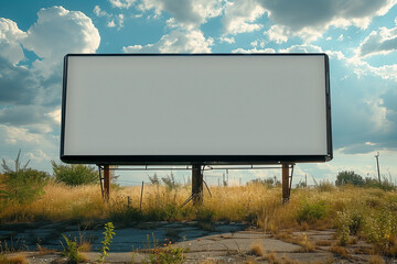 An old rusty sign stands weathered and forgotten in an open field surrounded by overgrown grass and weeds, mockup 