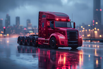 A red semi truck navigates along a wet road, splashing water as it moves forward under cloudy skies