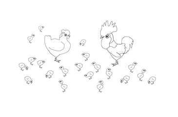 Rooster family, colouring book page