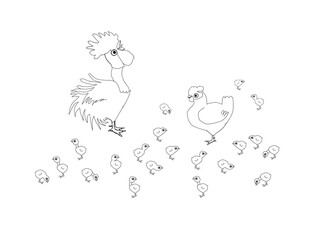 Rooster family, colouring book page