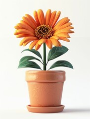3D rendered image of a bright orange sunflower in a terracotta pot