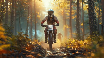 Motocross rider in action on a forest trail, dust flying - obrazy, fototapety, plakaty