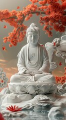 3D rendered Buddha statue with serene coral tree backdrop
