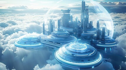 Sky-high futuristic city with protective dome and cloud surroundings