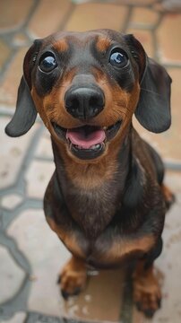 A joyful dachshund dog looking up with a big smile