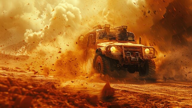 Off-road vehicle braving a fierce desert storm