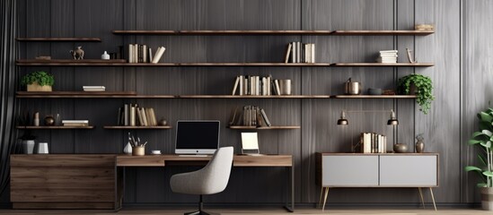 This room features a stylish home office corner with gray and wooden walls. A gray computer desk is centrally placed with a white armchair for seating. Shelves hold books and folders, creating a