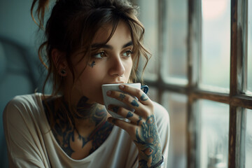 tattooed woman drinking coffee - Powered by Adobe