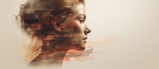 A profile portrait of a European woman showing a unique double exposure effect, blending her features with another image. The technique creates a surreal and artistic visual impact.