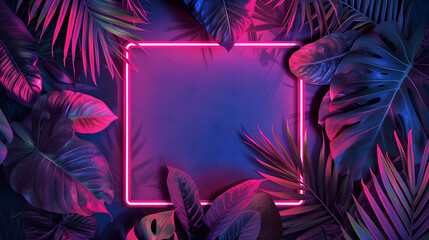 Vibrant neon frame with sharp angles encompassed by lush green tropical foliage including monstera, banana leaves, palms and more for an eye catching display ready for artwork - obrazy, fototapety, plakaty