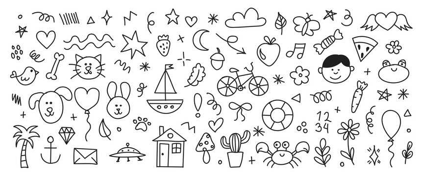 Set of cute hand drawn doodle set of simple kids decorative elements. Black collection of scribble, animal, flower, sun, cloud. Vector illustration