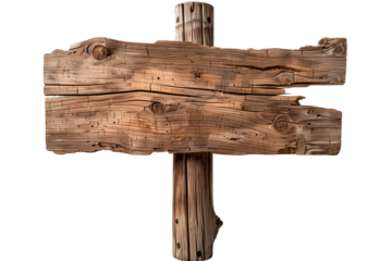 A rustic wooden sign with distressed edges lifted onto a clear background, weathered grain patterns and natural color variations exposed as an isolated design element