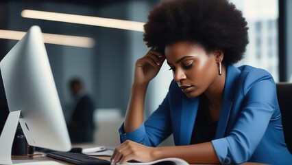 A tense African-American woman holds her head in her hands, feeling tired, sitting at an office desk and working online on a laptop. Portrait of an exhausted manager or secretary in the workplace