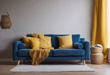 Blue sofa with yellow pillows and blanket against beige wall with frame poster Scandinavian home int