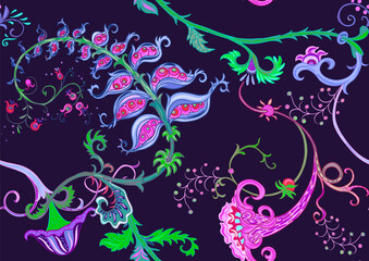 Fantasy, alien hypnotic flowers, decorative flowers and leaves. Cartoon style. Millefleurs trendy floral design. Seamless pattern, background. Outline hand drawing vector illustration.