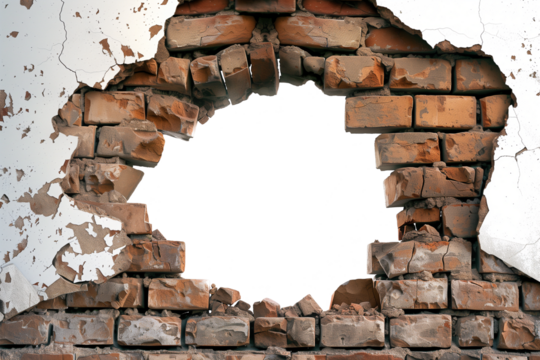 An irregular hole smashed through a weathered brick wall with crumbling edges, revealing a glimpse of blue sky beyond, rendered as a cutout PNG image with a transparent background