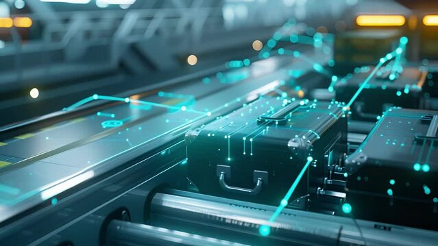 A closeup of the intricate web of sensors and cameras tracking the movement of baggage and ensuring their timely arrival at the correct gates for loading.
