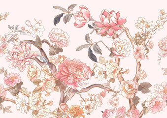 Blossom trees with rose, peony, chrysanthemum, Seamless pattern, background. Vector illustration in Chinoiserie, botanical style