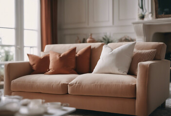 Close up of fabric sofa with white and terra cotta pillows French country home interior design of mo