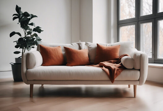 Close up of fabric sofa with terra cotta pillow against window and white wall Scandinavian home inte