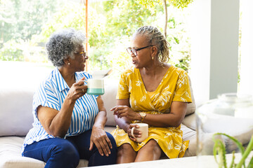 Senior African American woman and senior biracial woman enjoy a conversation over coffee at home