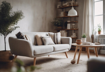 Cozy loveseat sofa near round accent coffee table Scandinavian home interior design of modern living