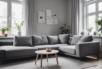 Grey corner sofa in scandinavian home interior design of modern living room