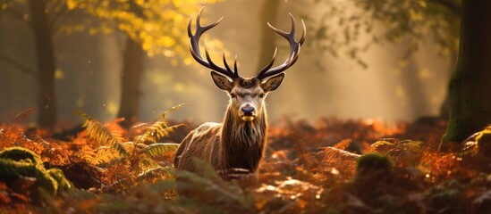 A Red Deer stag stands in the middle of a forest in London, UK. The majestic animal is surrounded by trees and foliage, showcasing its powerful presence in its natural habitat.