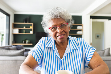 Senior biracial woman with gray hair and glasses sits at home on a video call - Powered by Adobe