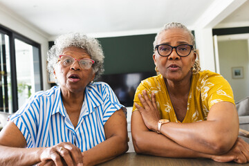 Senior African American woman and senior biracial woman sit together indoors on video call at home - obrazy, fototapety, plakaty
