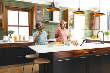 Senior African American woman and senior biracial woman are cooking together in a modern kitchen