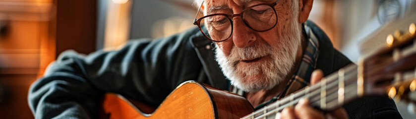 Close up of a senior playing a guitar illustrating the timeless nature of music and personal expression - obrazy, fototapety, plakaty