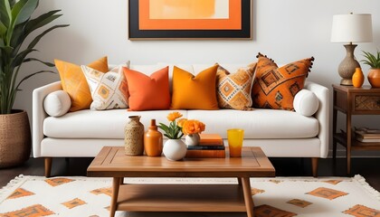 Chic bohemian arrangement in living room featuring a white sofa, a wooden coffee table, and sophisticated personal items. vibrant pillows with patterns in orange and yellow. interior design.