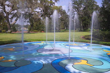 Splash pad in a park on sunny day