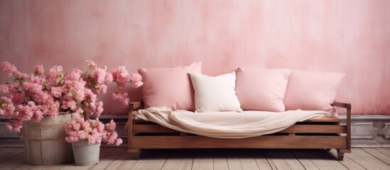 A wooden bench is positioned adjacent to a pink wall. The setting exudes simplicity and functionality, creating a subtle contrast between the natural wood and vibrant pink color.