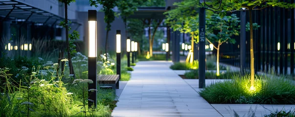 Foto auf Glas Eco friendly lighting solutions in public spaces enhancing ambiance and reducing energy use © Artinun