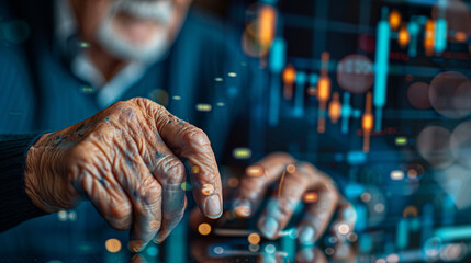 Photo of a senior man adjusting his pension contributions online with a close up on his hand using the mouse and the contribution settings on the screen reflecting active management - obrazy, fototapety, plakaty