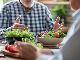 Photo of a senior man discussing his dietary needs with a nutritionist with a close up on their hands and the diet plan emphasizing personalized nutrition advice