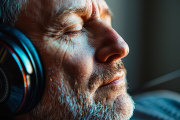 Photo of a senior man listening to music with headphones with a close up on his closed eyes and...